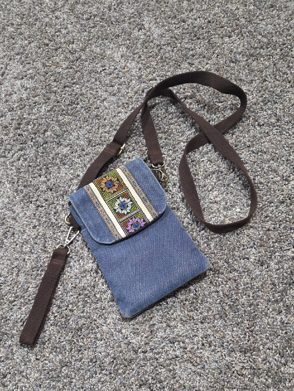 Blue Denim Crossbody Phone Bag with Embroidered Accent Boho Hippie